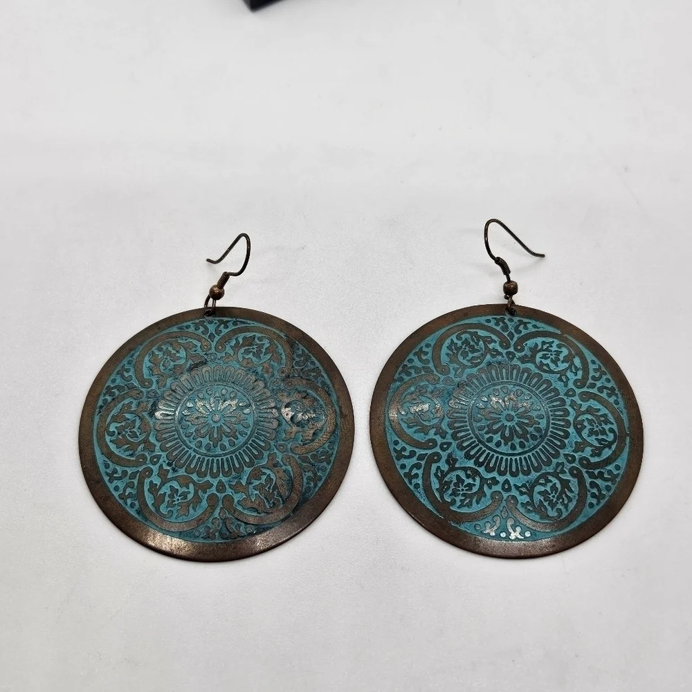 copper and turquoise blue mandala disk earrings